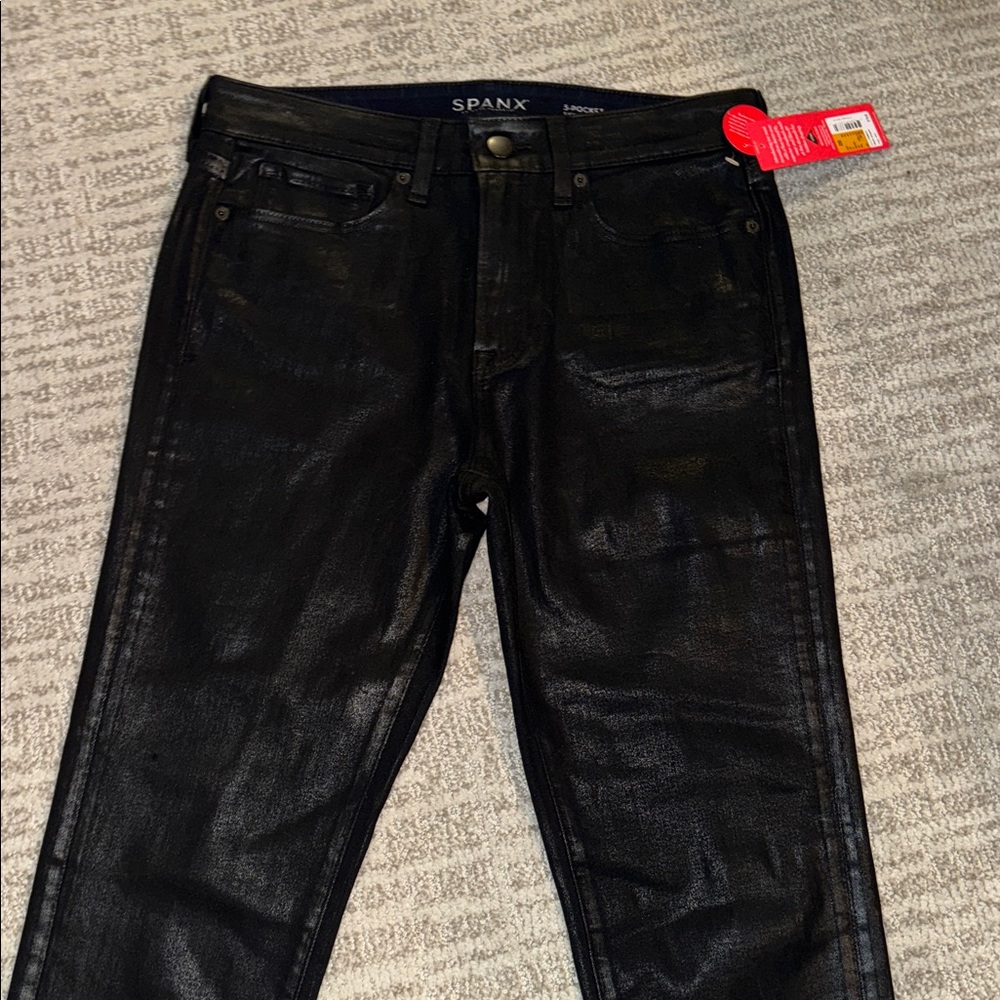 NEW Spanx $178 Skinny Jeans Black Lacquer Wax Coated 29 Shaping Contouring pants - Picture 2 of 11